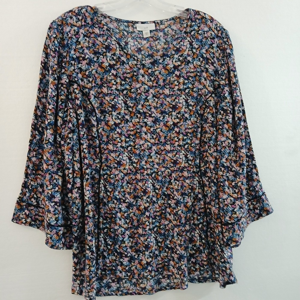 J Jill Blouse Lady Floral 3/4 Sleeve Cotton Lace Inset Balloon Sleeve Boho